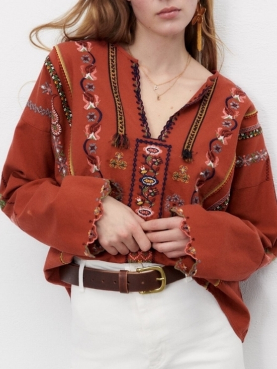 Zara Tops - Zara Linen Bkend Burnt Orange Embroidered Tassel Shirt